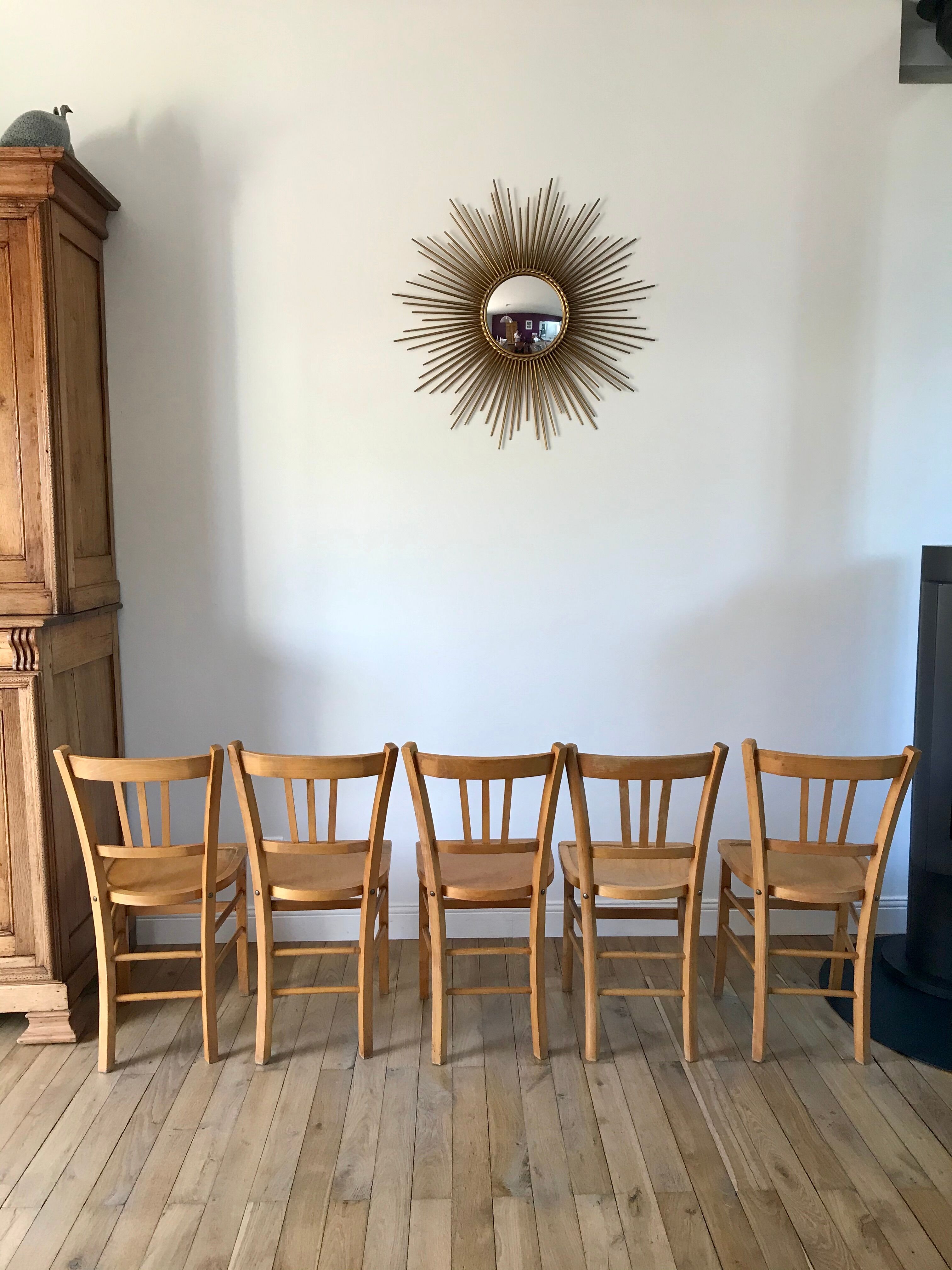 Set of 5 Luterma light blond wood bistro chairs from the 50s