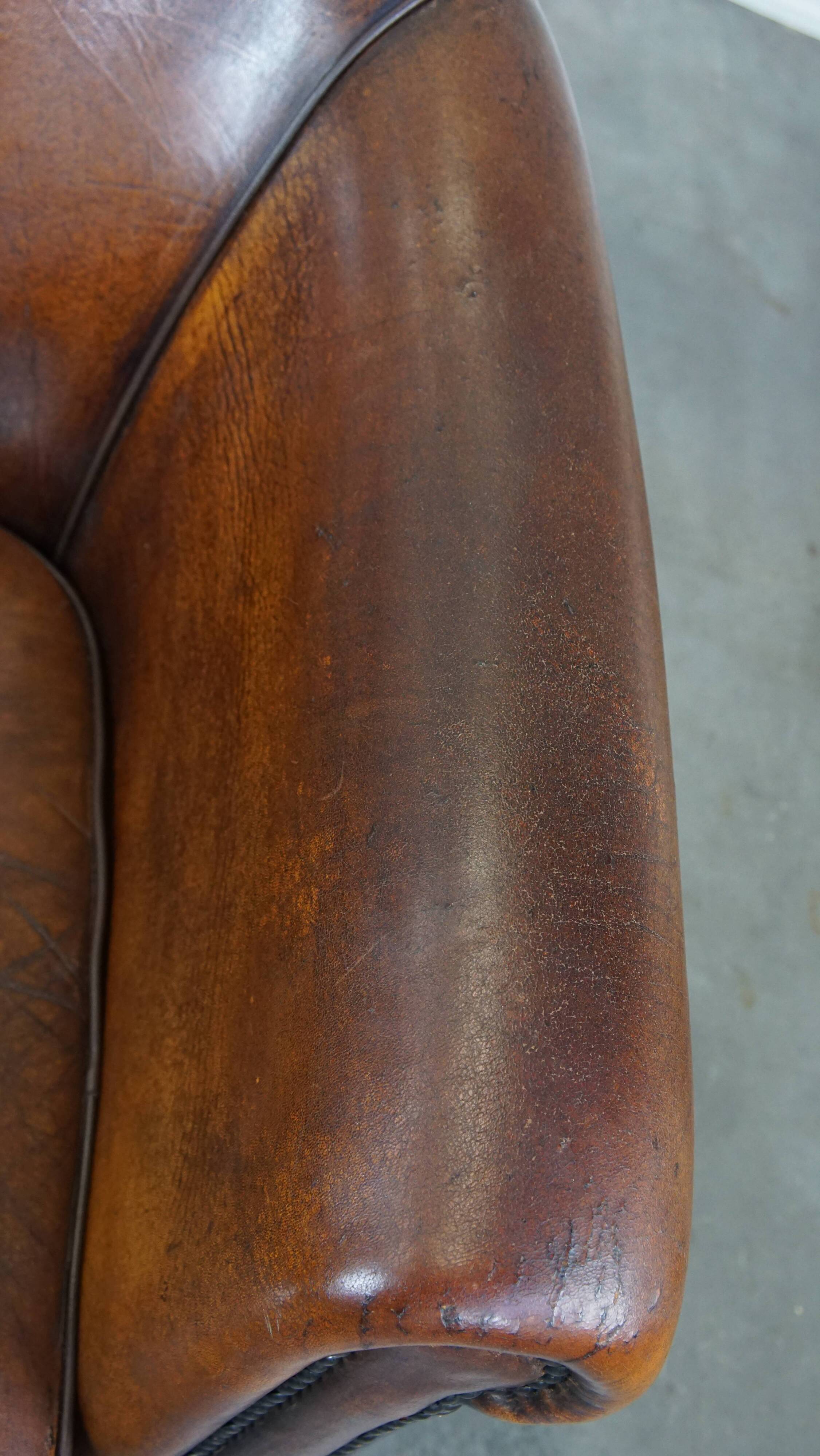 Cognac-Colored Vintage Sheepskin Leather Club Armchair