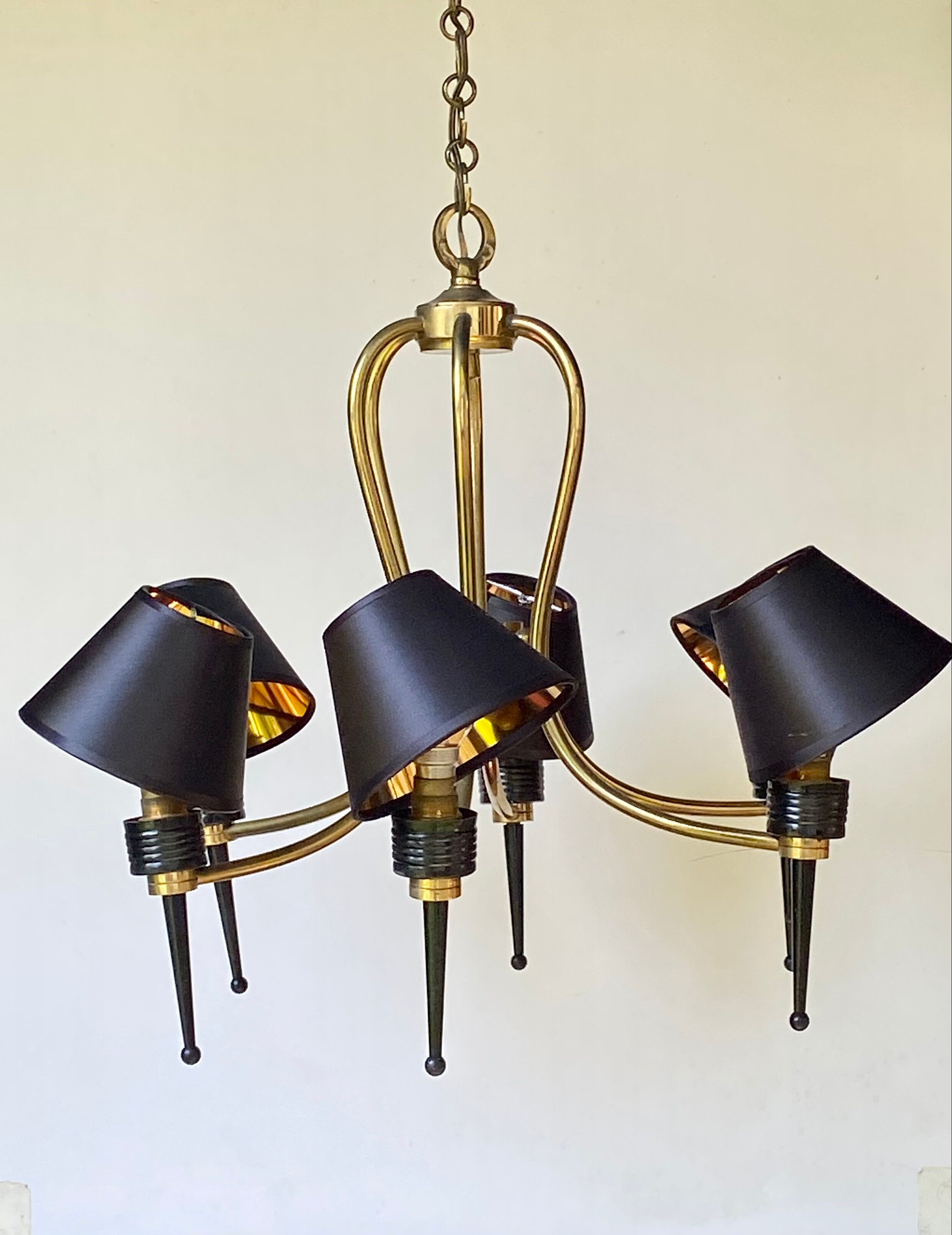1950 six-armed brass cage chandelier