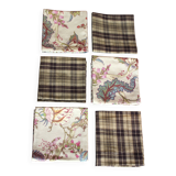 6 brown checkered table napkins with vintage flowers