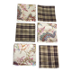 6 brown checkered table napkins with vintage flowers