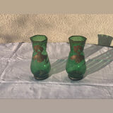Paire de vases aux iris dore verre transparent vert et iris peint a la main art nouveau, collector