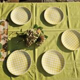 Set of 5 salins flat plates, saint raphael model, yellow checks, 24 cm, 60s