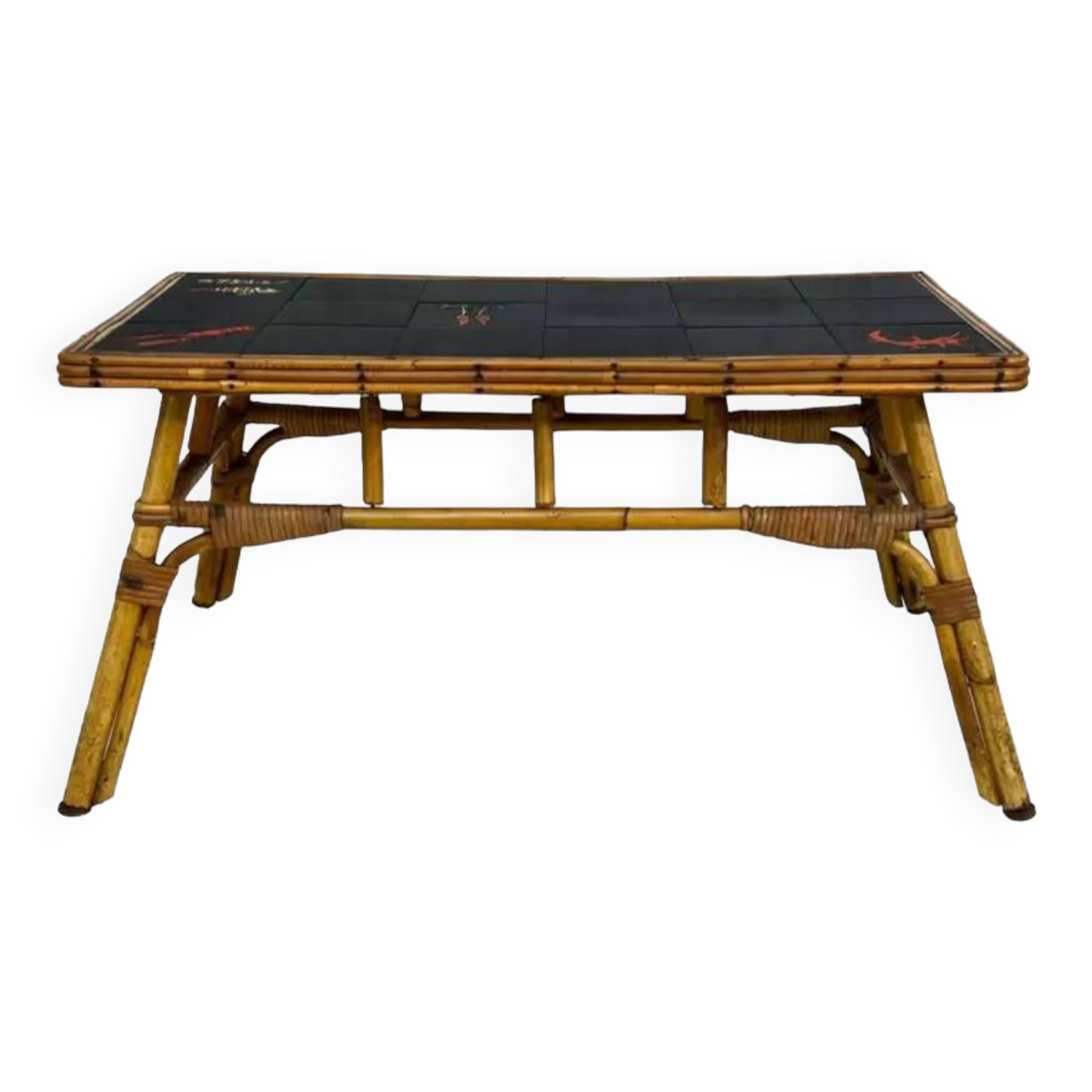 50s/60s coffee table in rattan and ceramic