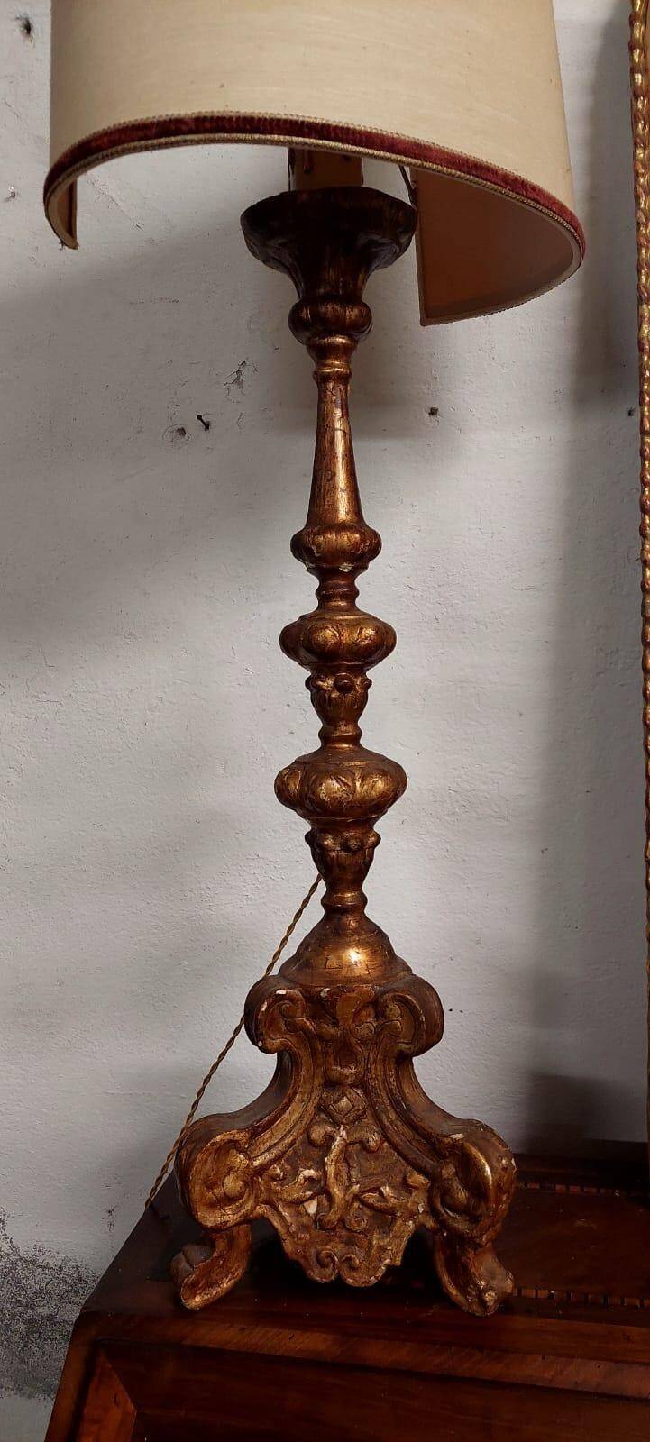 Antique 18th century candlestick lamp, gilded wood, electrified