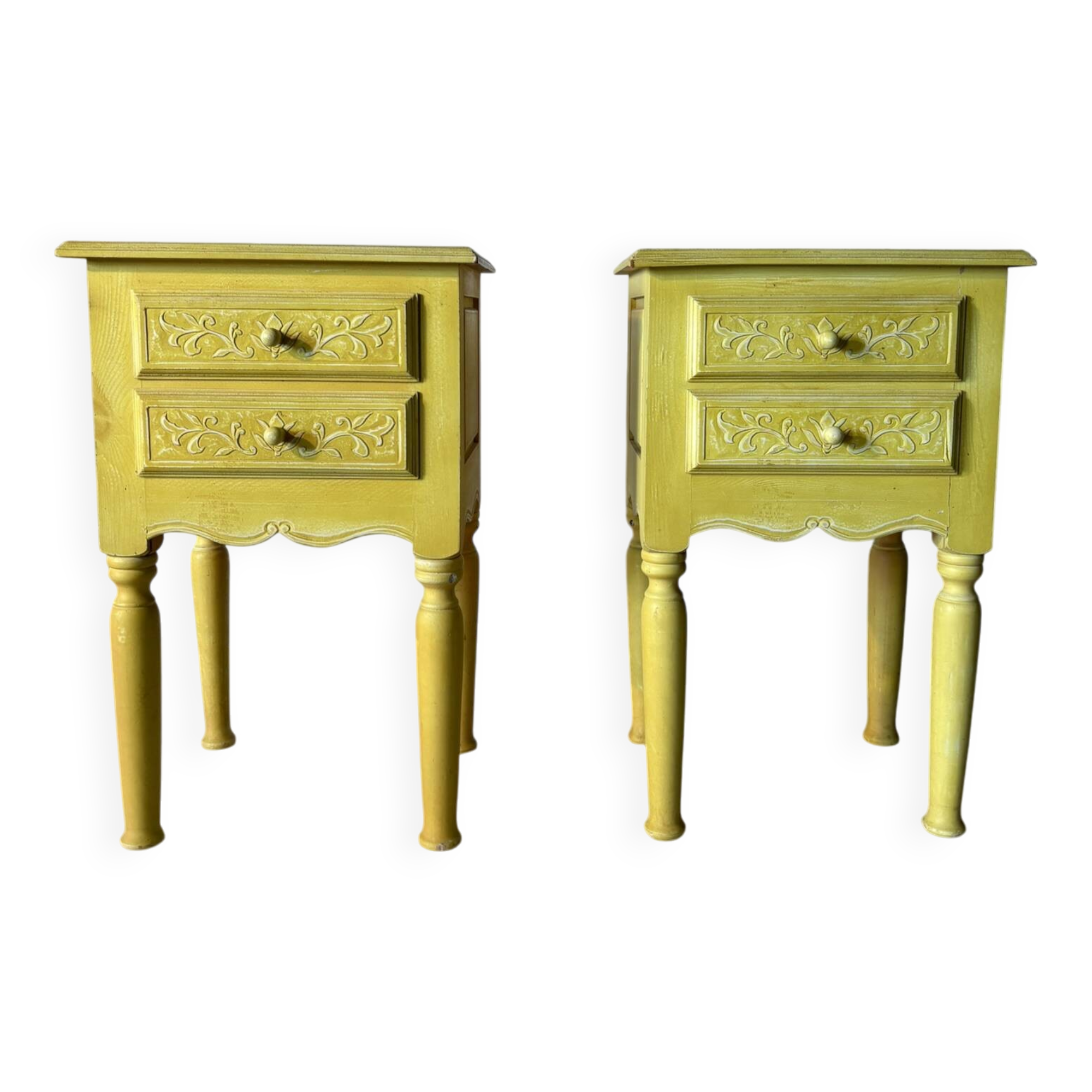 Pair of vintage carved wooden bedside tables – Sunny yellow finish