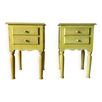 Pair of vintage carved wooden bedside tables – Sunny yellow finish