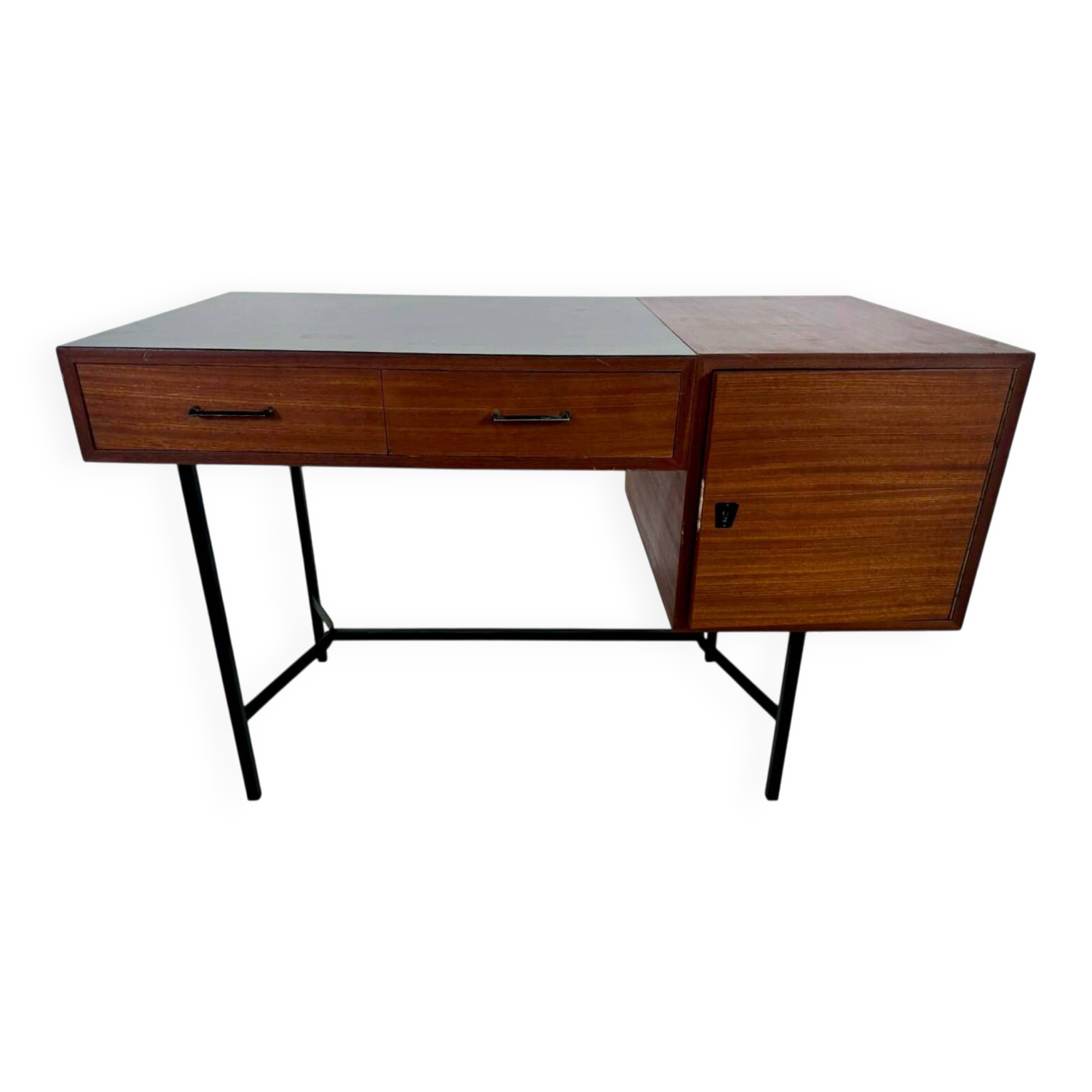 French modernist desk from the 1950s with 2 drawers, 1 cabinet, and 1 container.