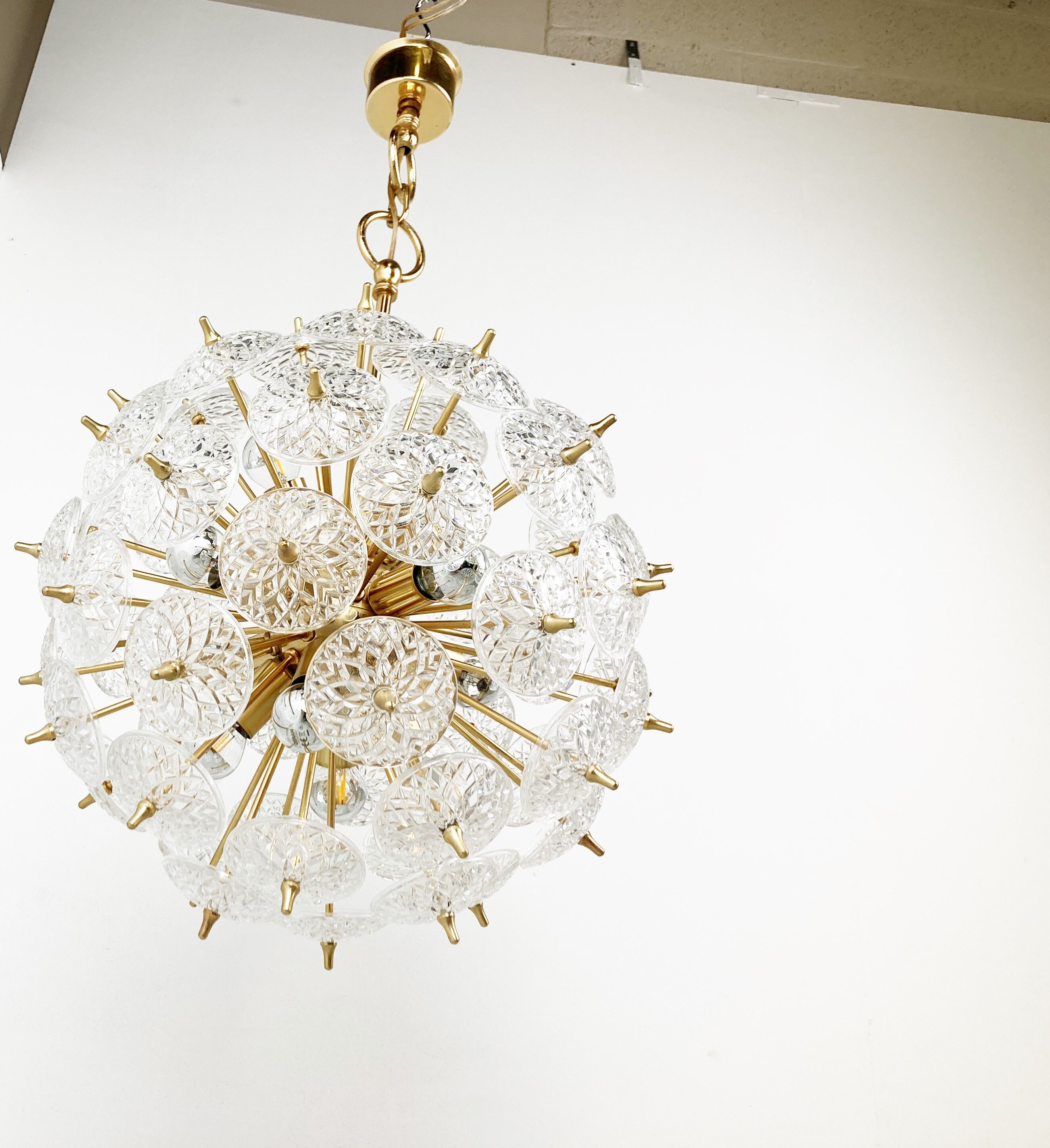 Mid century brass and crystal sputnik chandelier by Val saint lambert, 1960s