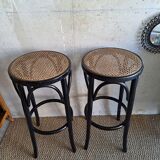 Pair of canned bar stools, curved wood