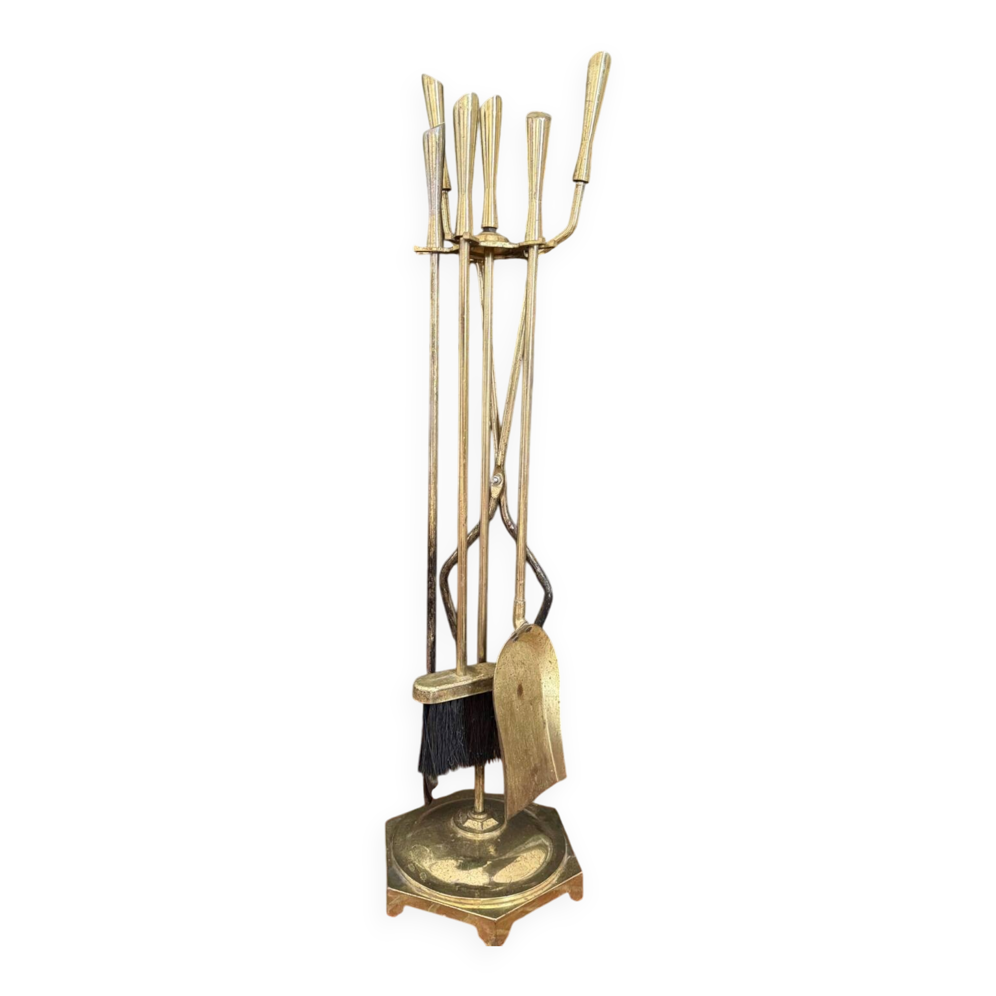 Golden metal fireplace tool set, 1970