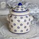 Vintage beige earthenware bonbonnière - Hand-painted blue floral decoration