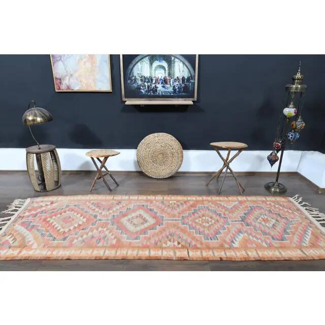 Orange Pink Turkish Oushak Vintage Handmade Wool Runner Rug  100x290