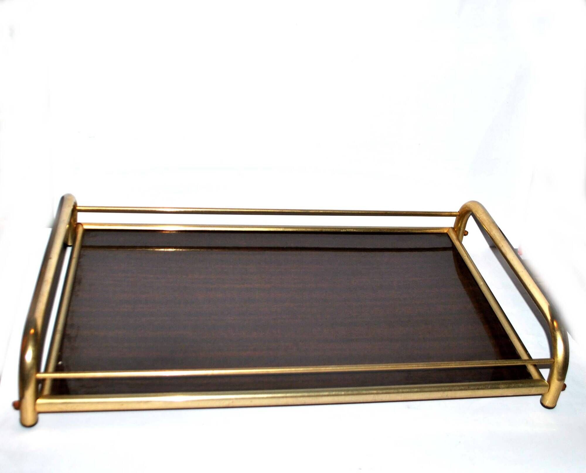 Tray in gilded brass and mahogany melamine wood, 1960-1970