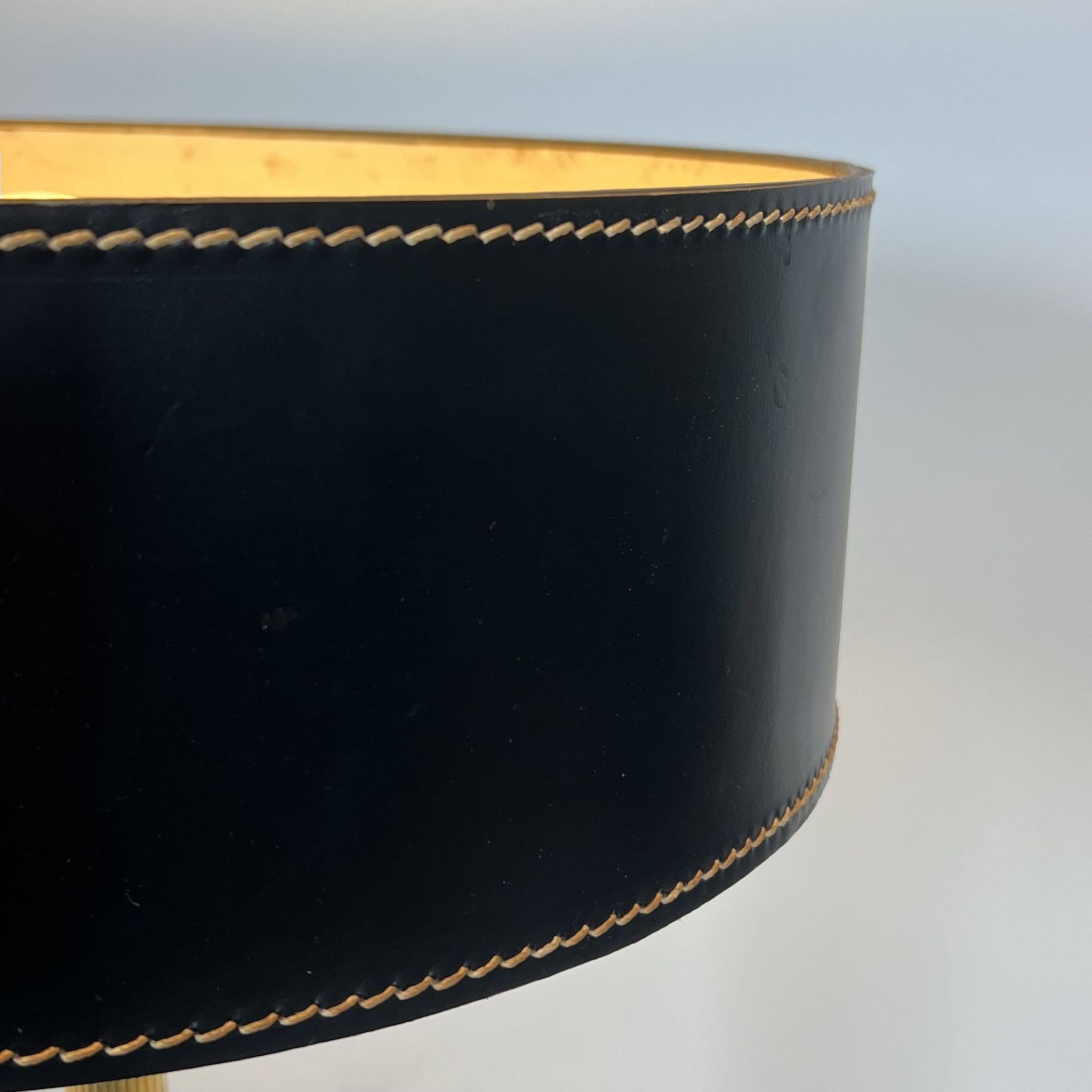 Black Quilted Leather Table Lamp and Golden Brass. French Craftsmanship.