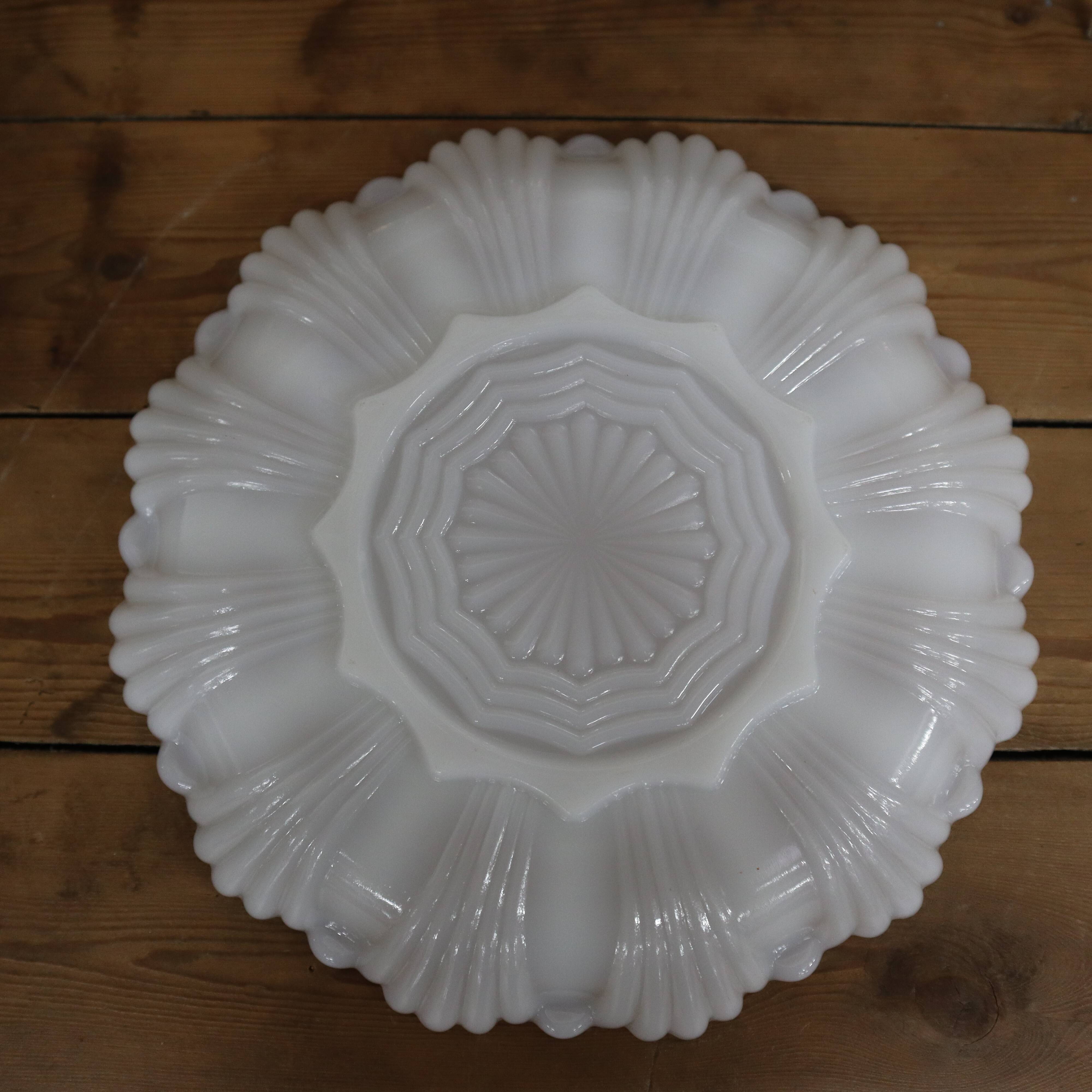 3 vintage plates for deviled eggs / oysters in white glass and gold