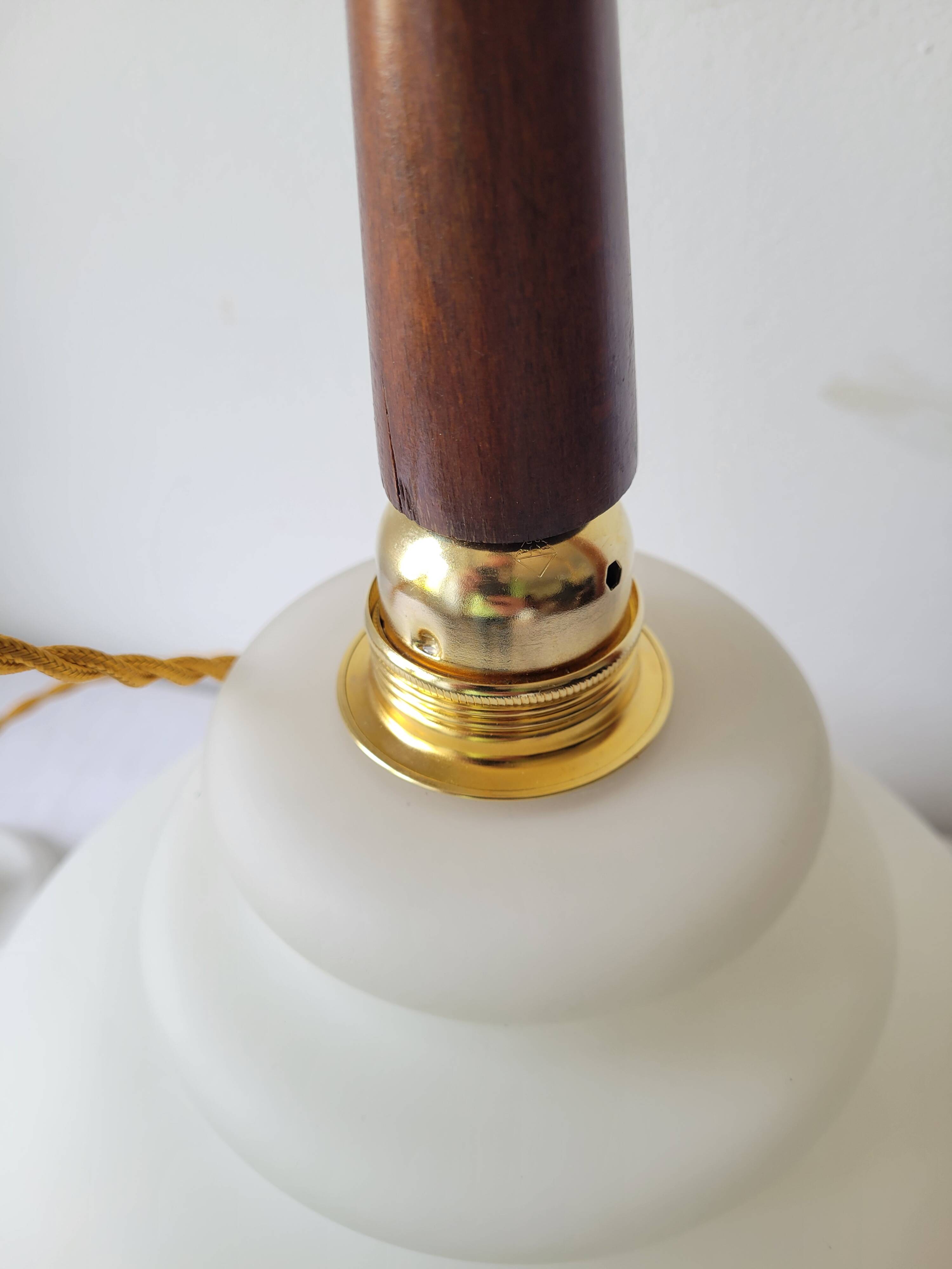 Opaline and teak pendant light