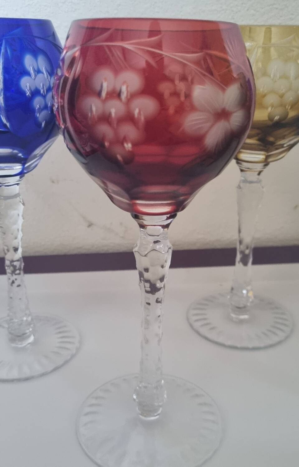 6 St Louis crystal colored glasses