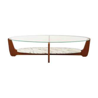 Oval coffee table with 2 vintage trays by Hugues Poignant, in teak, marble and glass from the 60s and 70s