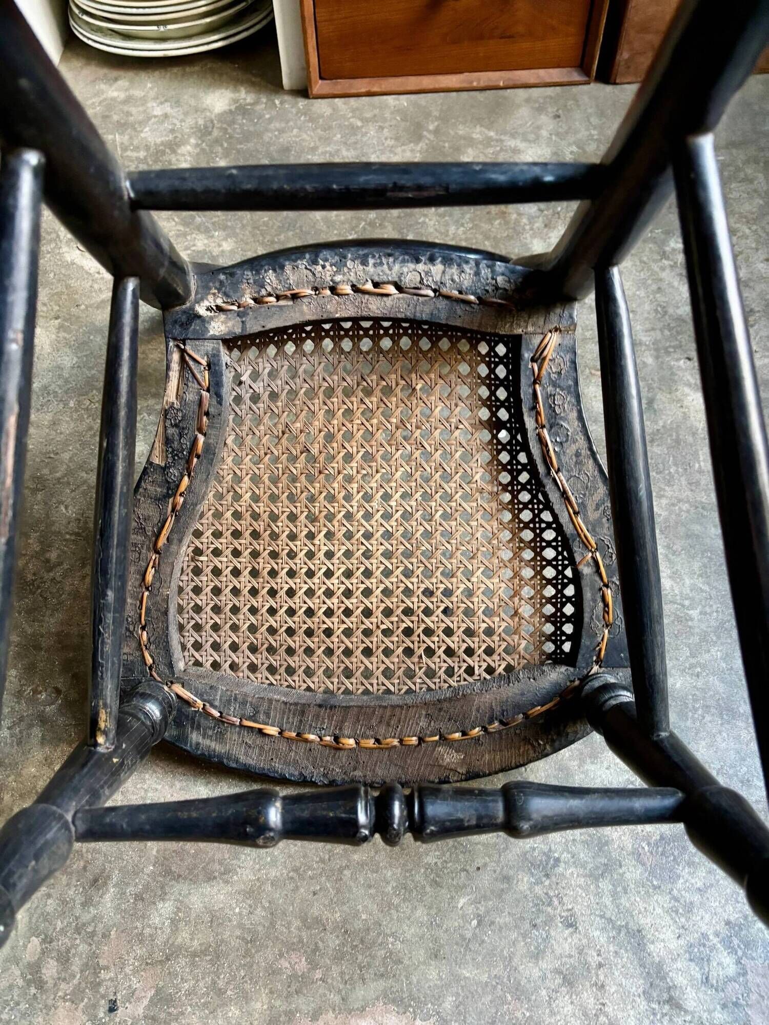 Napoleon III chair in black wood, mother-of-pearl and caning no. 1