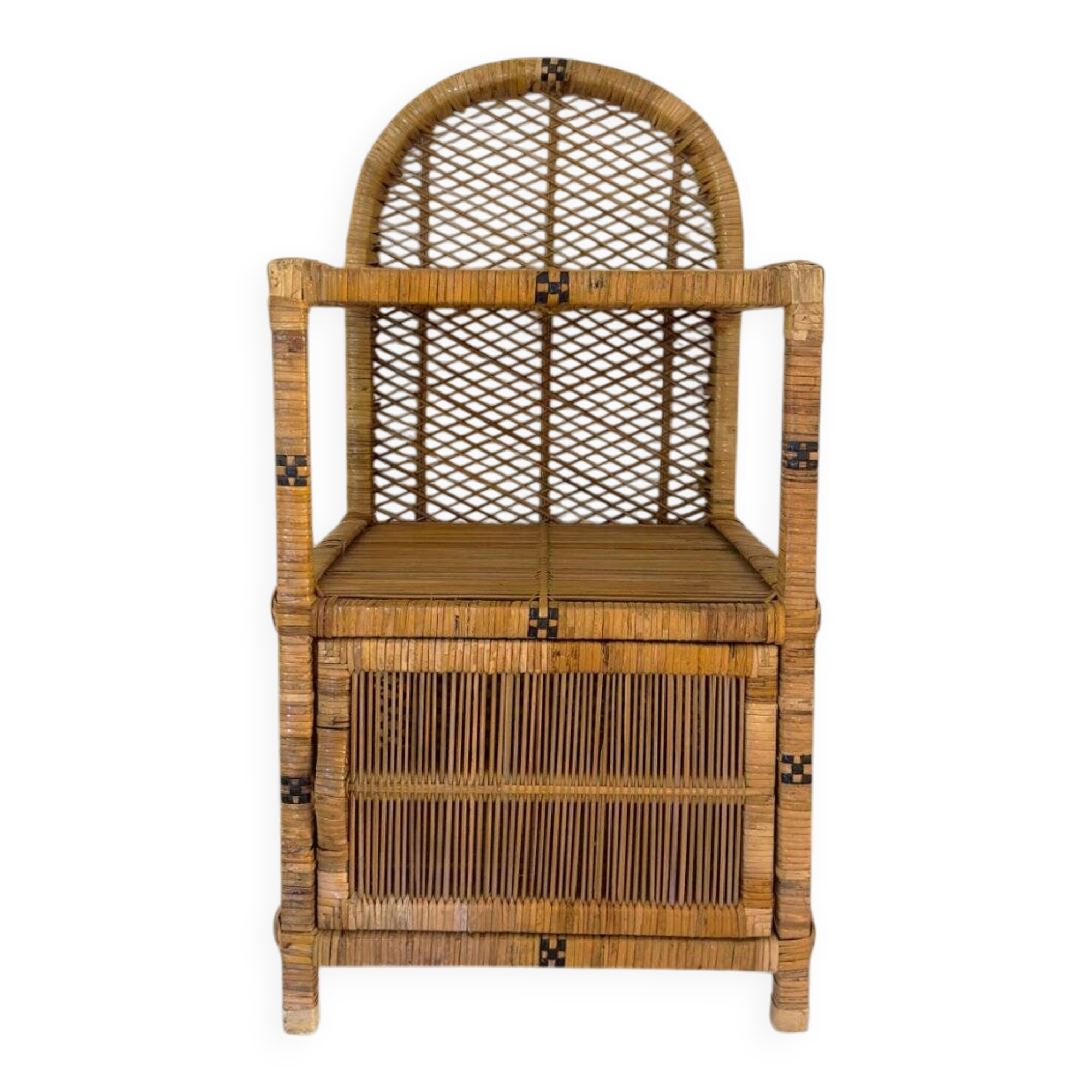 Vintage Spanish rattan and wicker bookshelves with lower door, 1970s.