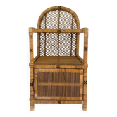 Vintage Spanish rattan and wicker bookshelves with a lower door, 1970s.