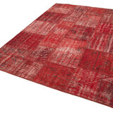 Hand-knotted oriental overdyed 177 cm x 248 cm red patchwork rug