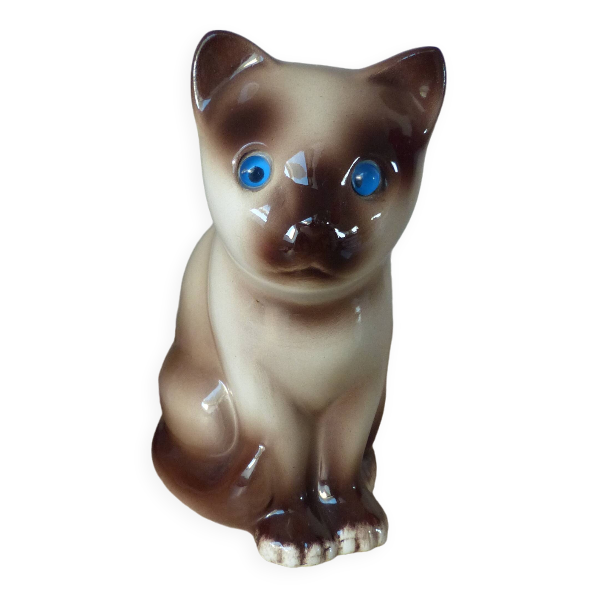 Vintage Siamese Brown Kitten Figurine with Blue Eyes Ceramic Elpa Alcobaca