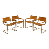 Set of 4 Italian cognac leather "Cantilever" chairs by Marcel Breuer.