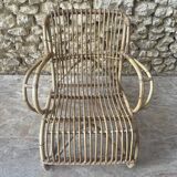Ensemble table basse et fauteuils en roseau - années 50