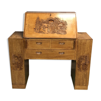 Asian-inspired secretary in blond oak - 1930s