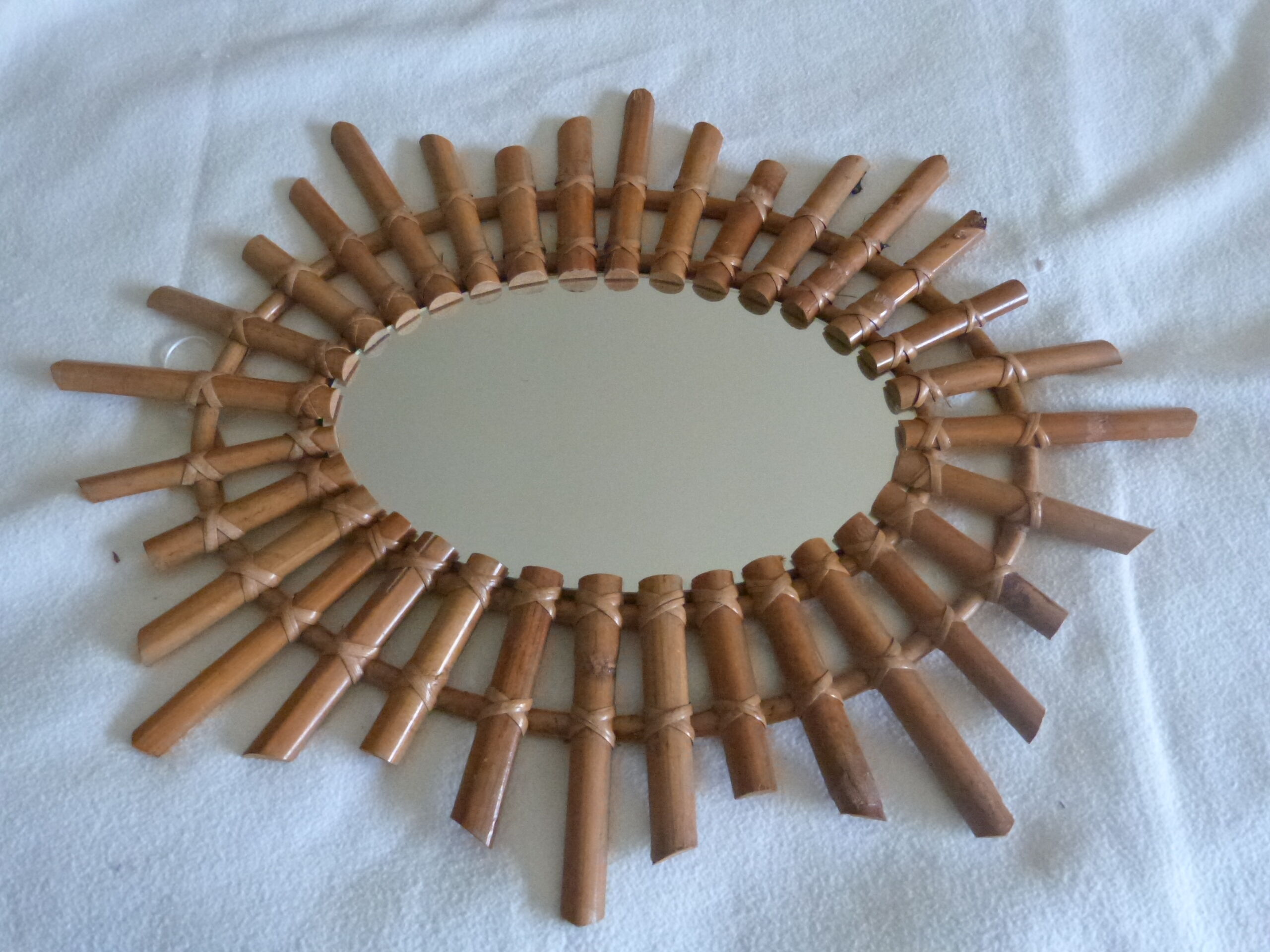 Large oval wall mirror bamboo rattan wicker vintage 56x68cm
