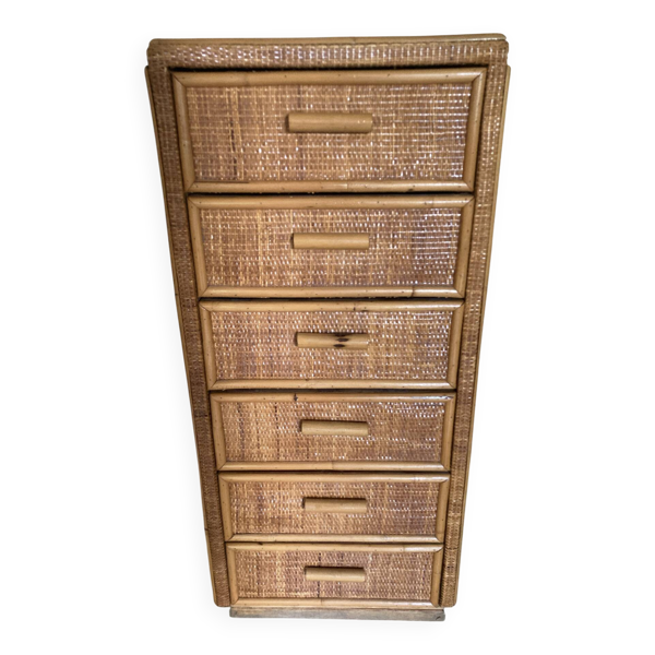Chiffonnier, commode 6 tiroirs en rotin vintage