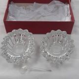 Antique crystal salt and pepper shakers, with their small spoon