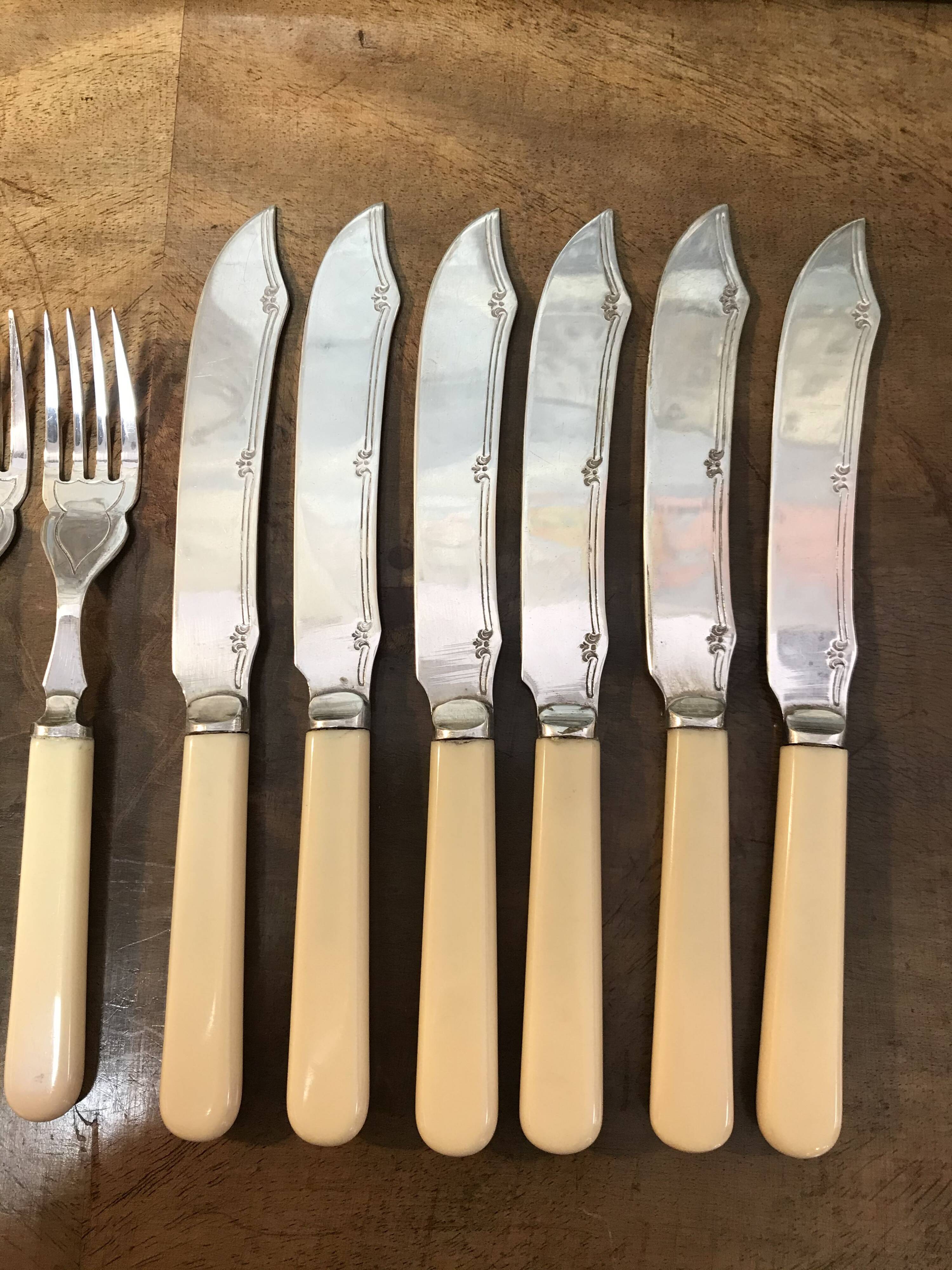 Silver-plated metal fish cutlery set consisting of 6 forks and 6 knives