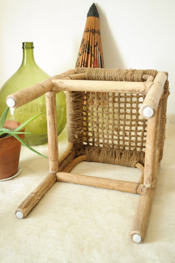 Tabouret bambou et corde artisanal vintage