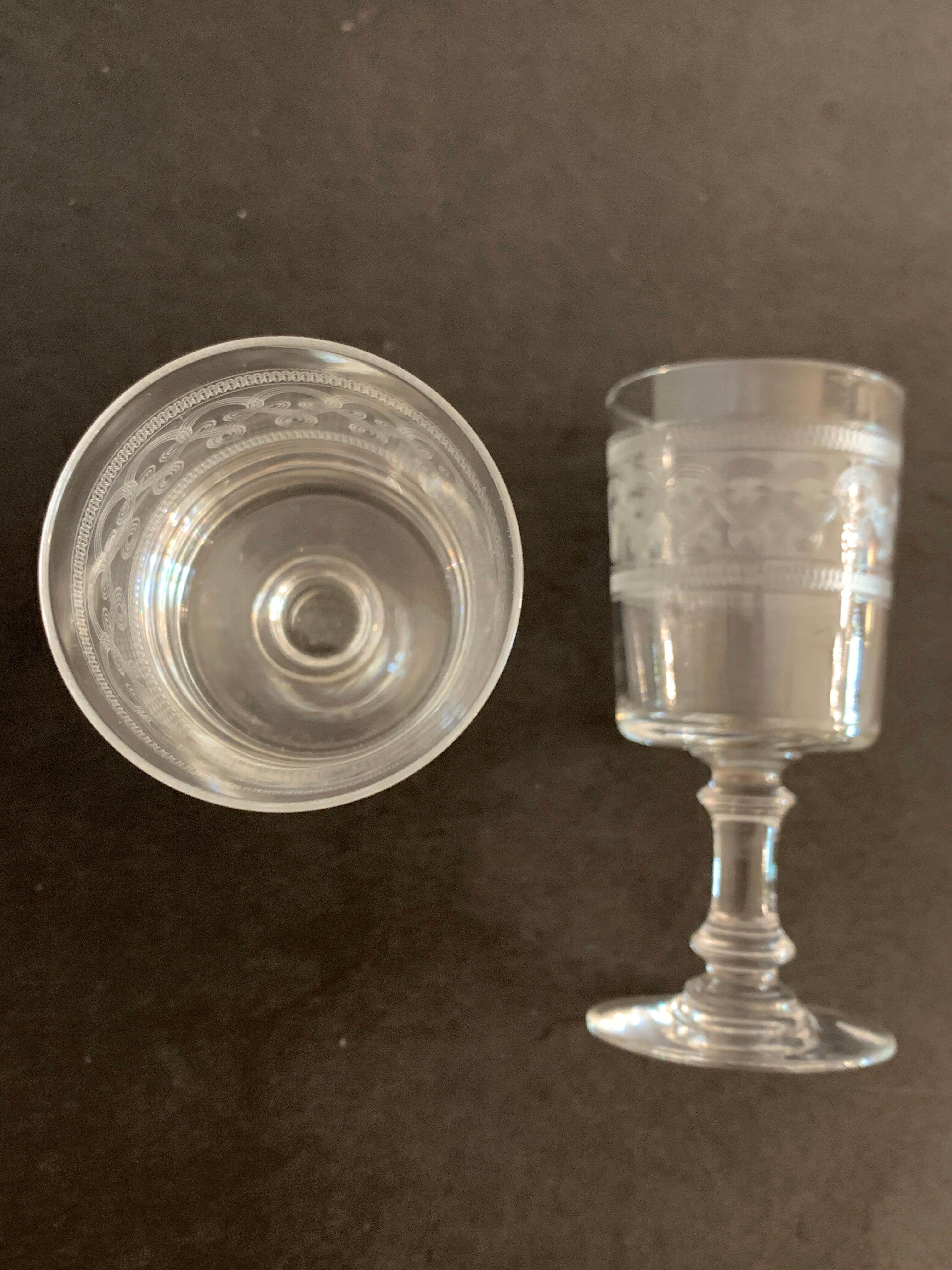 5 engraved and blown crystal digestive glasses