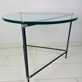 Vintage round side table. Thick glass round coffee table. Robust industrial design table.