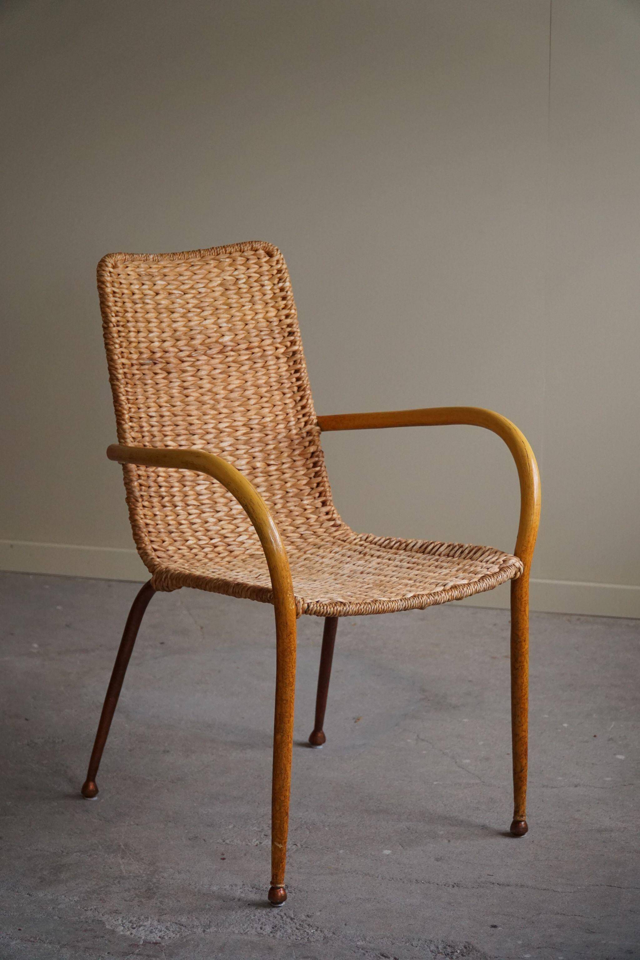 Set of 4 vintage Italian wicker and birch armchairs, mid-century modern, 1950.