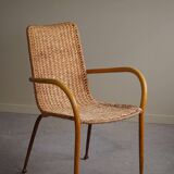 Set of 4 vintage Italian wicker and birch armchairs, mid-century modern, 1950.