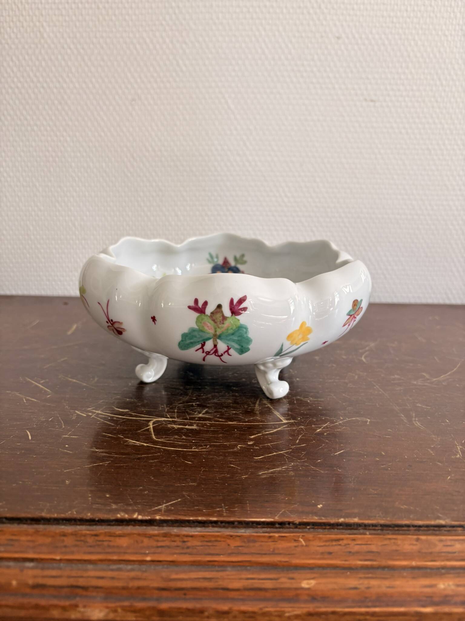 Old Tripod Pocket Bowl Limoges Floral Butterfly Decor Porcelain