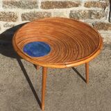 Round coffee table deco tray in rattan and ceramics