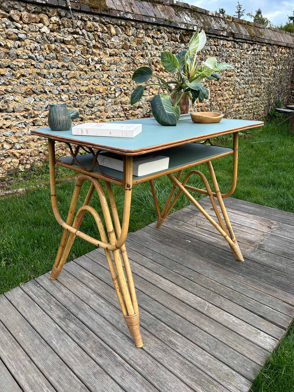 Small vintage rattan desk from the 1960s.