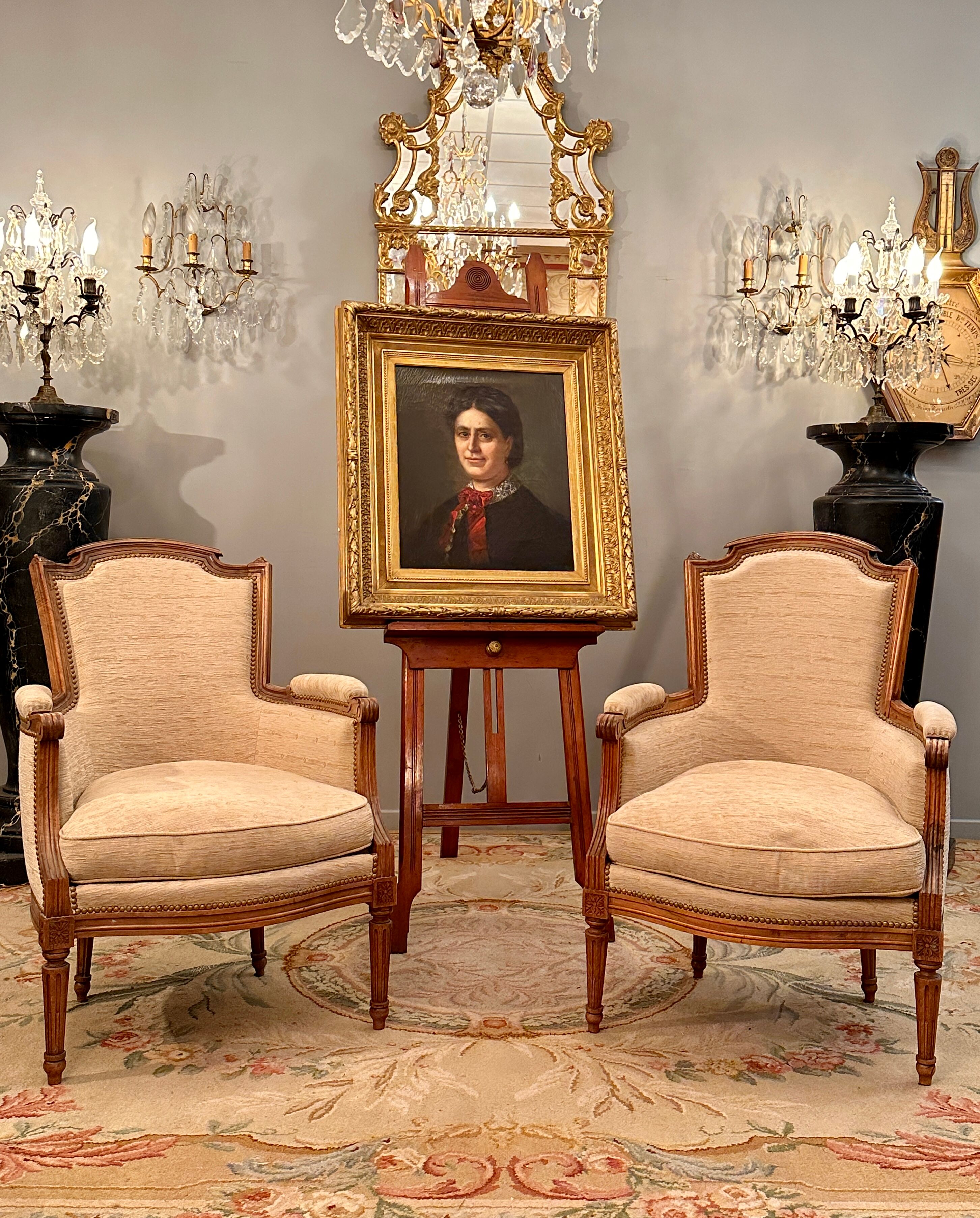 Pair of Louis XVI style walnut shepherdesses circa 1900