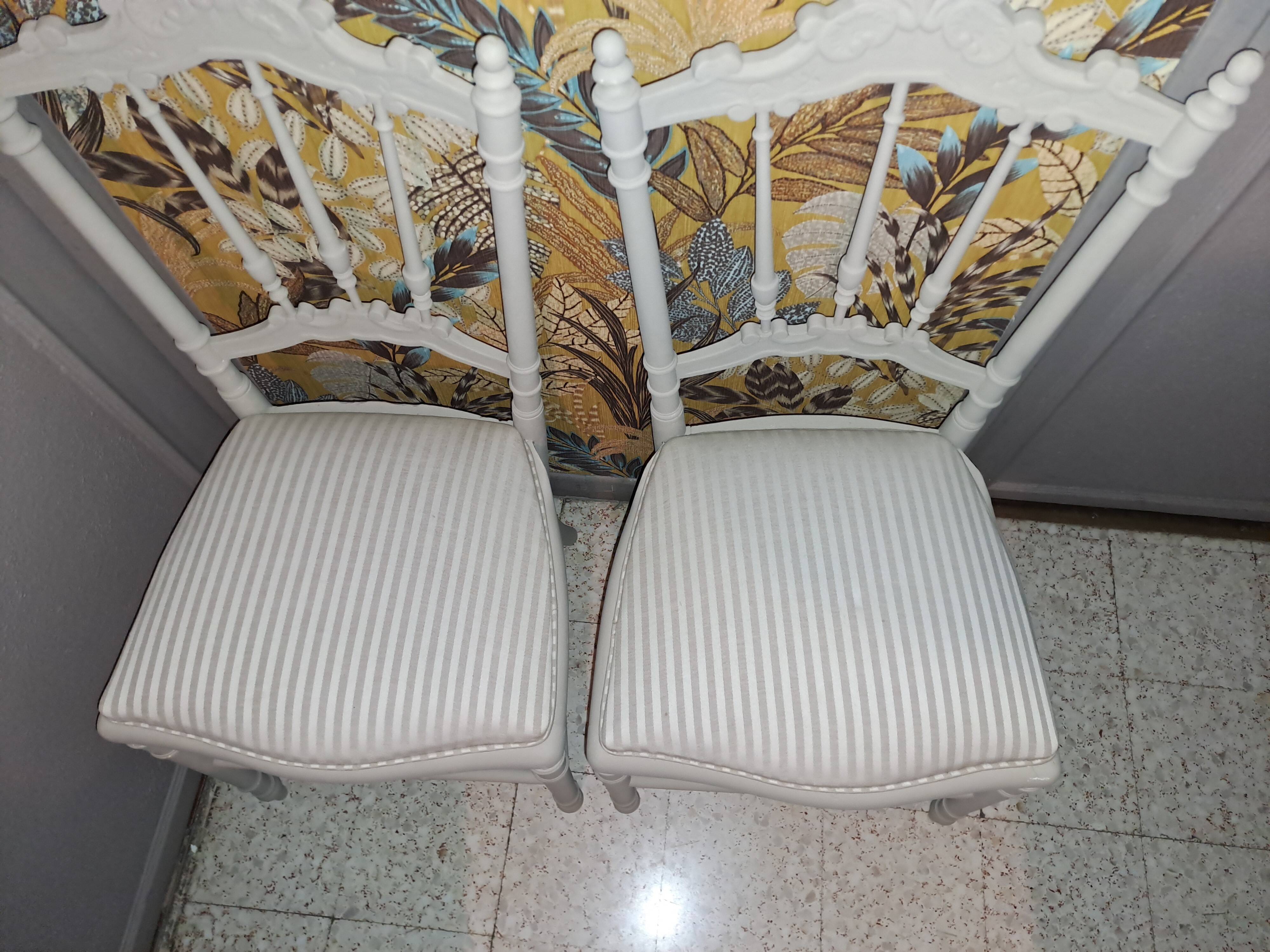 Lot of 2 empire style opera chairs redone in 19th century striped fabric, beige color