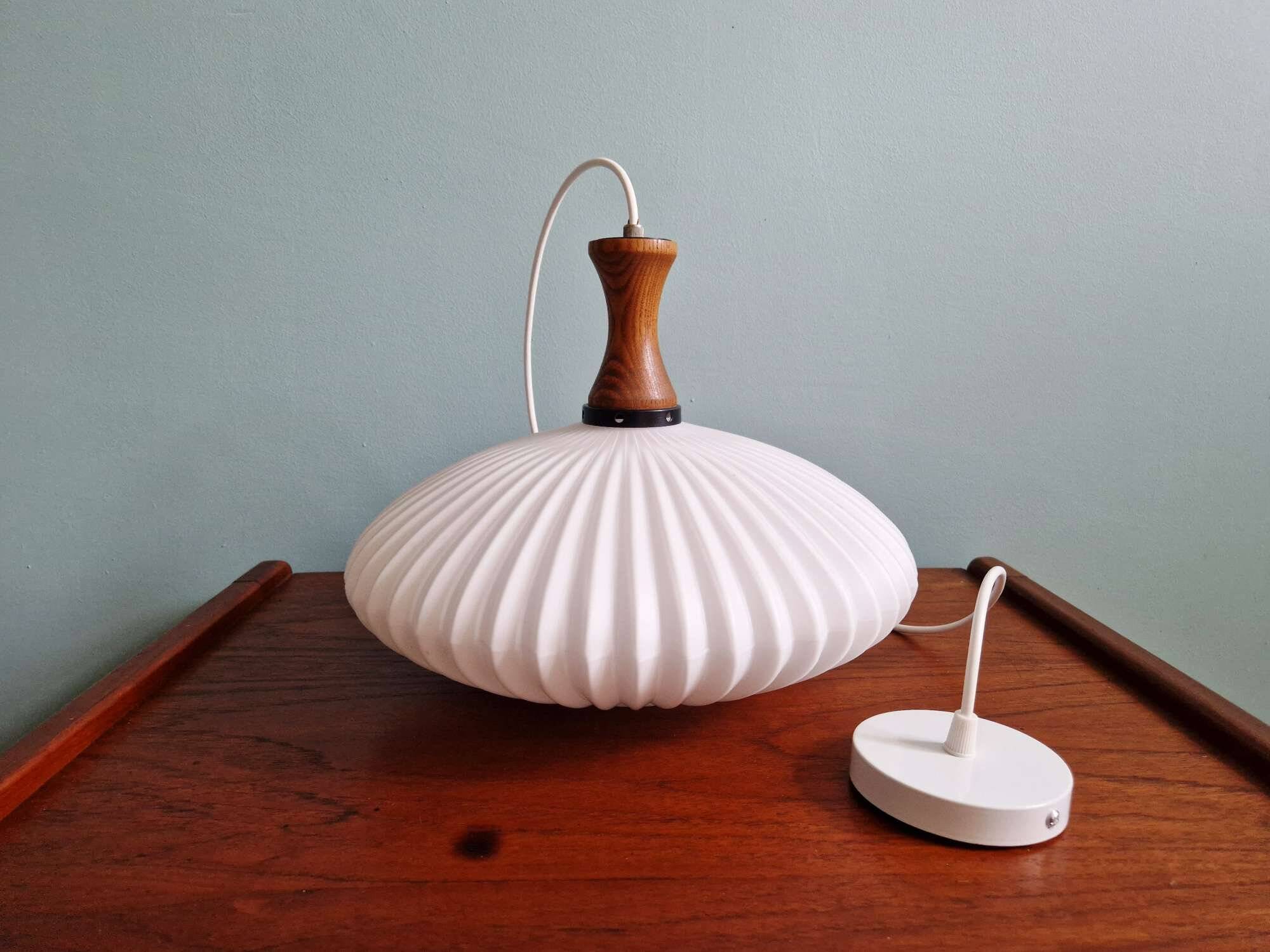 Teak and pleated white opaline suspension, Massive, 1960