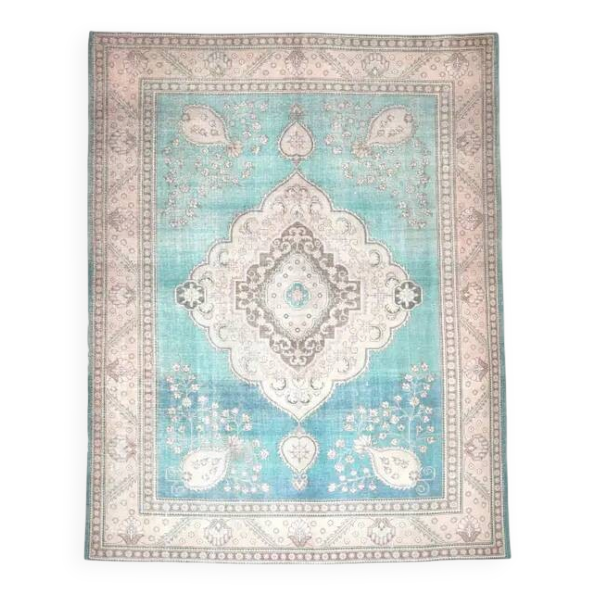 1960s Vintage Persian Handmade Wool Cotton Turquoise Area Rug 293x378