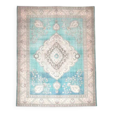 Tapis d'aire vintage persan fait main en laine et coton turquoise 293x378 des années 1960