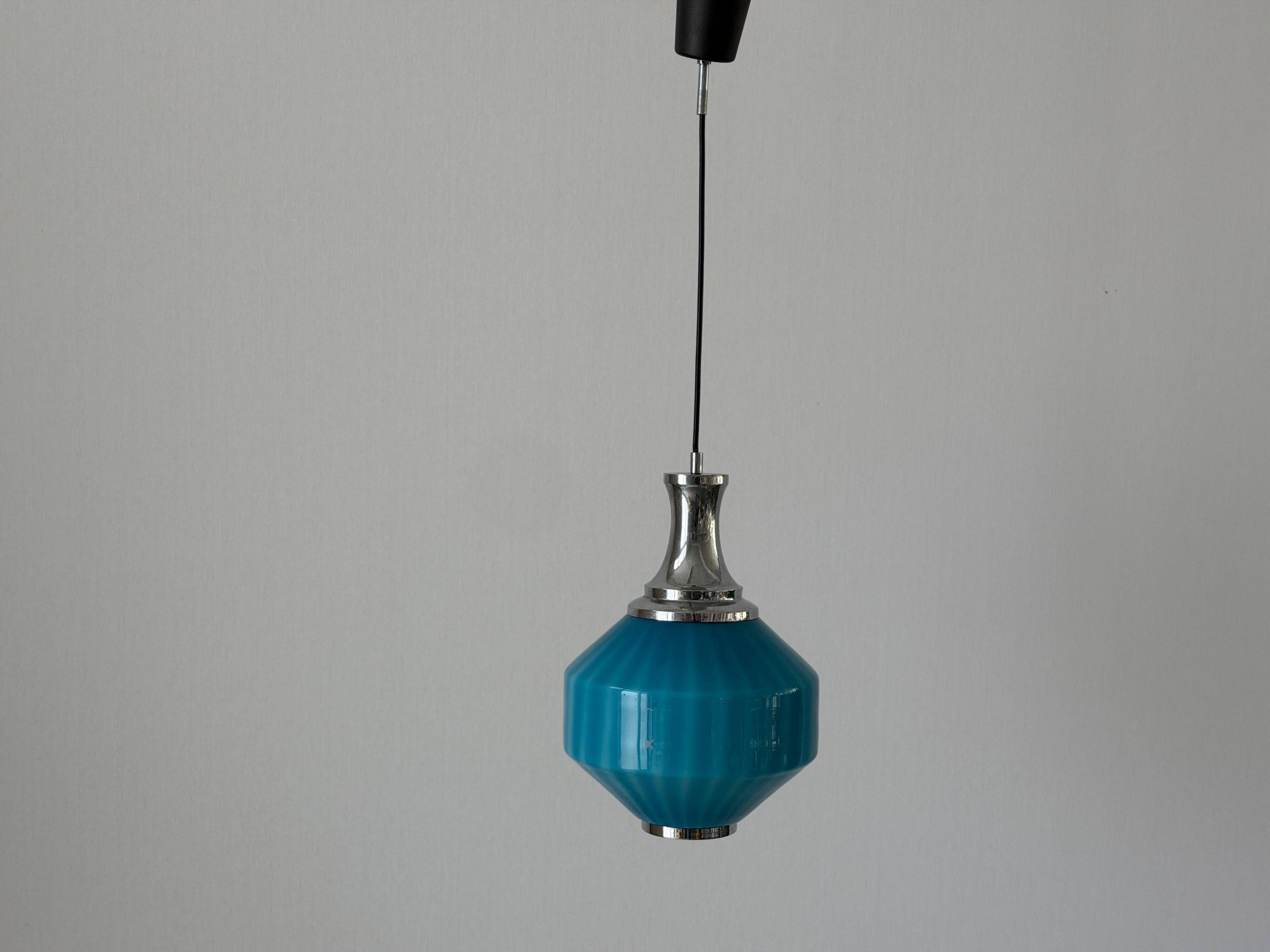 Blue glass ceiling light with a chrome frame, 1960s, Germany.