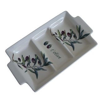 3-compartment ceramic serving dish with olive decor